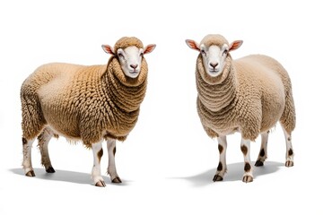 Fototapeta premium Woolly Wonders: A pair of fluffy sheep with thick, textured fleece stand side-by-side, their gentle eyes reflecting a sense of peace and tranquility.