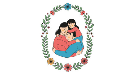 Obraz premium A heartwarming portrait of a mother embracing her two children with love and affection within a floral wreath