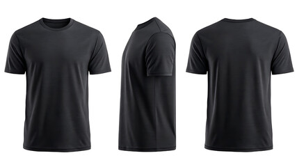 A simple black tshirt is shown from three angles in a studio setting, offering front, back, and side views
