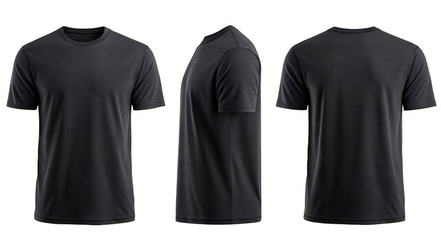 A simple black tshirt is shown from three angles in a studio setting, offering front, back, and side views