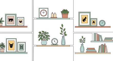 Collection of aesthetic shelving displays featuring framed art plants and clocks for modern home decor inspiration