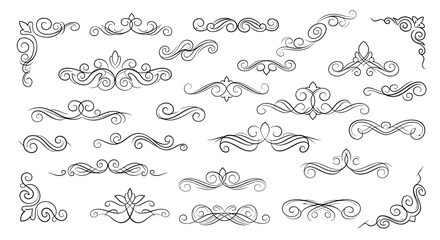 Collection of decorative flourishes and ornate border elements for artistic design projects and vintage style creations