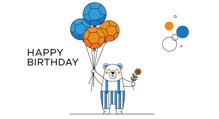 Adorable cartoon bear holding a bouquet of flowers and balloons wishing you a very happy birthday celebration