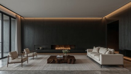 Spacious living room with dark light background