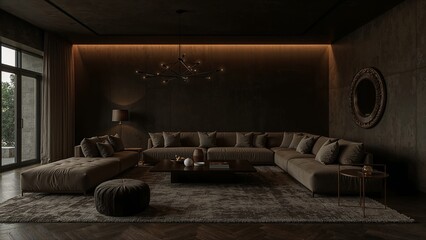 Spacious living room with dark light background