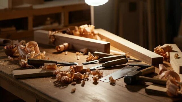 Wooden workbench with carpentry tools and wood shavings, illuminated by lamp, showcasing woodworking craft