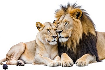 Obraz premium Lion Couple's Intimate Connection: A majestic lion and lioness, a regal couple, share a tender moment, their bond evident in their closeness.