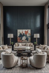 Spacious living room with dark light background