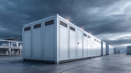 Obraz premium Battery storage units lined up in a future-ready smart grid facility 