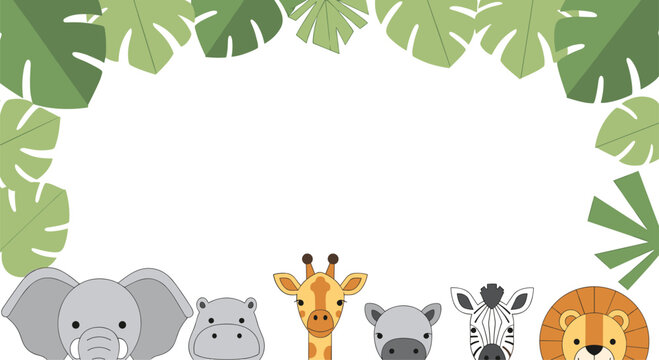 Adorable wild jungle safari animals celebrating a fun birthday party with lush greenery overhead