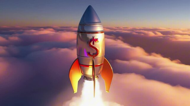 A rocket ship with a dollar sign [$] on it blasting off into outer space