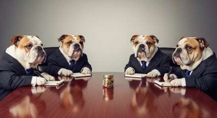 Bulldogs dressed as businessmen in a meeting discussing business strategy around a conference table
