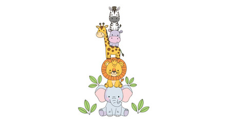 Fototapeta premium Adorable stack of cute safari animals including a zebra giraffe elephant lion and hippopotamus with green leaves
