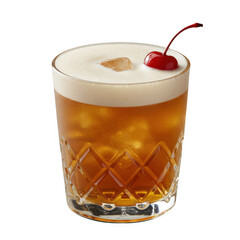 A refreshing whiskey sour cocktail with cherry and ice isolated on transparent background