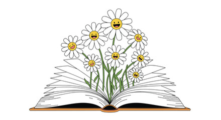 Joyful daisies blooming from an open book symbolizing imagination and the happiness of reading stories and learning new things