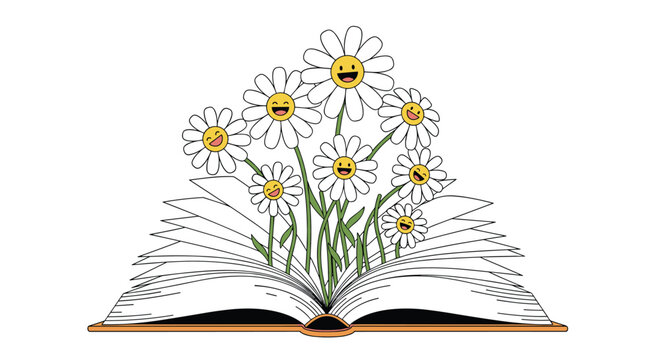 Joyful daisies blooming from an open book symbolizing imagination and the happiness of reading stories and learning new things
