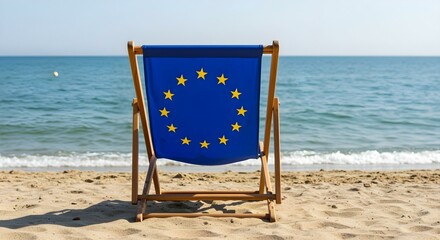 Beach scene with a deckchair using the flag of the EU