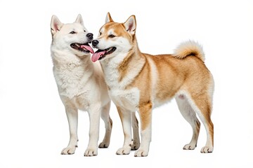 Two Dogs Posing: Two adorable dogs, one white and one light brown, stand side-by-side, displaying their playful nature and unique coats. Their tongues hang out, suggesting happiness and companionship.