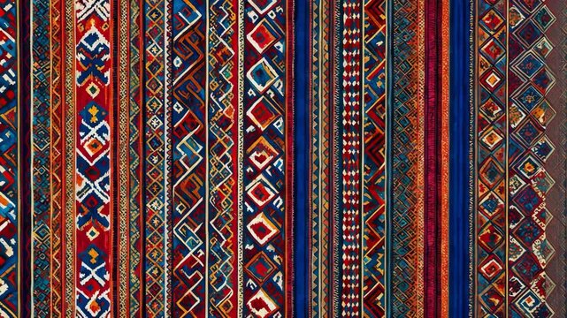 Colorful vibrant ethnic textile pattern design with geometric motifs and striped background. Abstract background with tribal pattern.