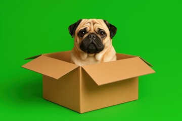 Cute pug dog sitting in open cardboard box on vibrant green background. Funny expression, studio lighting. Ideal for pet meme, delivery concept, advertising or playful design. Copy space. Banner