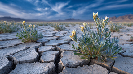 Cluster of young plants with delicate leaves pushing through fractured, dry terrain under vast sky, symbolizing natureâs tenacity amid climate adversity
