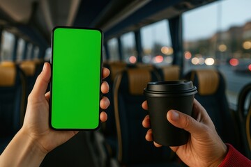 Hands holding smartphone with green screen and coffee cup inside a modern bus. City traffic outside window. Perfect mockup for app, travel, commute, or lifestyle promo. Copy space. Banner.