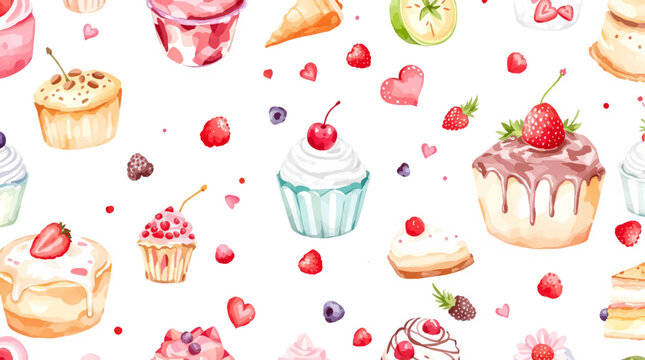 Watercolor Sweet desserts pattern on white background
