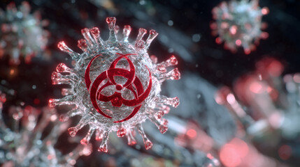 Stylized digital art of biohazard emblem surrounded by swirling clusters of virus particles, dramatic lighting highlights the symbolâs urgency, evoking a pandemic emergency