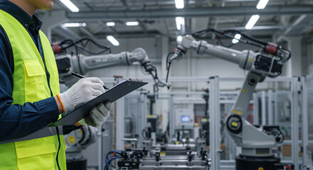 A worker inspecting the robotic arms in the factory. 