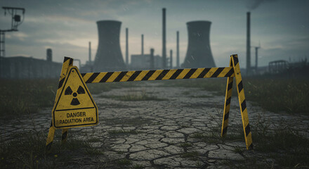 A warning sign with a nuclear symbol in front of a factory, warning of radiation hazard. 