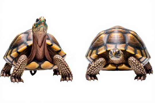 Turtle Duo: A captivating studio shot presents two distinct turtles, showcasing their unique shell patterns and textured skin against a contrasting backdrop.