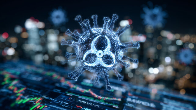 Concept art showing biohazard symbol projected as a hologram above virus particles on a digital interface, screens with pandemic metrics and containment protocols in the background - Powered by Adobe