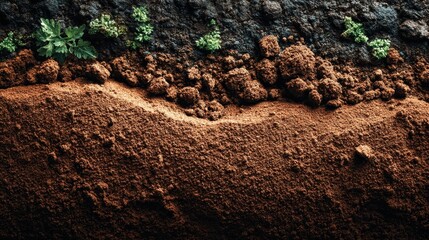 Rich Brown Soil Texture with Emerging Green Plants:  Close-Up View of Fertile Earth and New Life