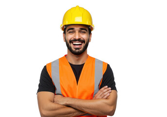 Happy construction worker wearing a hard hat and safety vest isolated on transparent background