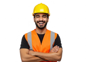 Happy construction worker wearing a hard hat and safety vest isolated on transparent background