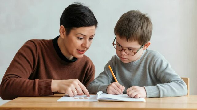 Woman teaching boy with Down syndrome, both focused on workbook at desk
