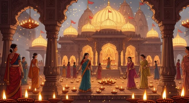 Celebration of Lights Festival at a Majestic Temple Complex with People in Traditional Attire