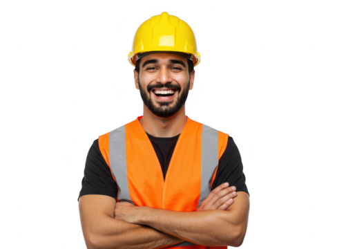 Happy construction worker wearing a hard hat and safety vest isolated on transparent background