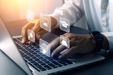 Person Typing on Laptop with Digital Icons Overlayed Representing Online Learning Research and Global Connectivity in a Modern Workspace