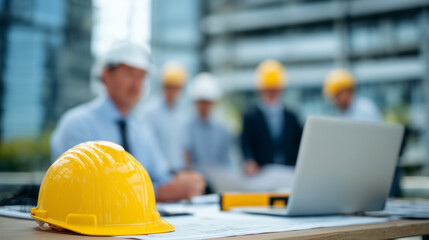 Professional construction office with a bright yellow hard hat resting beside laptop and laser measure, team in background huddled around architectural model