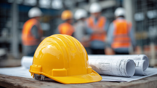 Bright yellow safety helmet placed beside rolled architectural drawings on wooden surface, group of construction professionals in white and orange hard hats visible in soft focus b