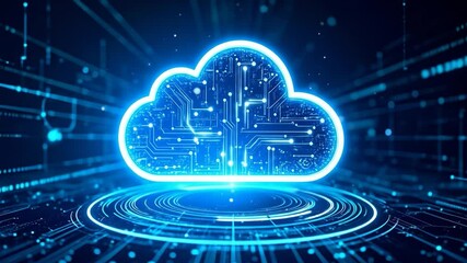 Glowing cloud icon with circuit board interior, above concentric circles, against a blue digital matrix - Powered by Adobe