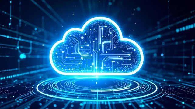 Glowing cloud icon with circuit board interior, above concentric circles, against a blue digital matrix - Powered by Adobe