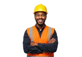 Smiling construction worker in hard hat and safety vest isolated on transparent background