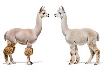 Fototapeta premium Shorn Alpacas: A fascinating view of two alpacas, one fully shorn and the other partially so, with their graceful silhouettes against a clean backdrop.
