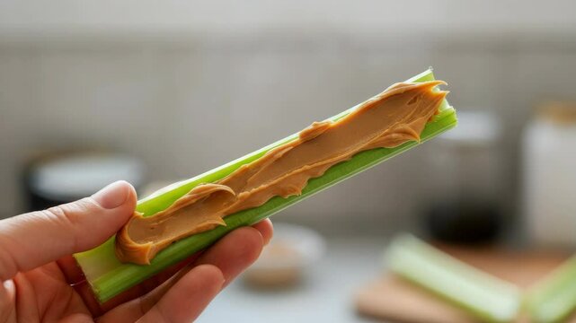 Hand holding celery stick with peanut butter spread as snack