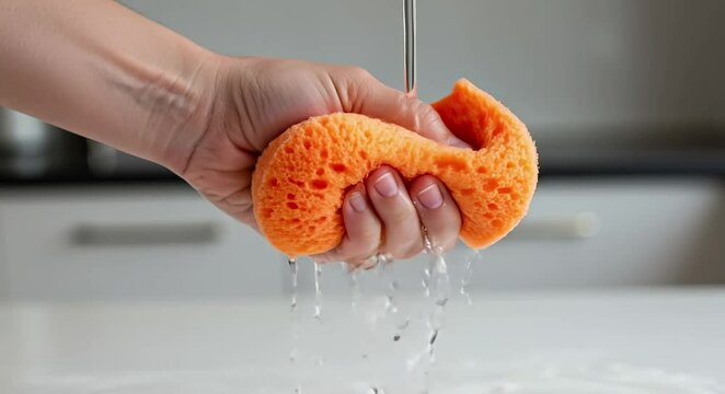 Squeezing orange kitchen sponge under running water in a modern kitchen  