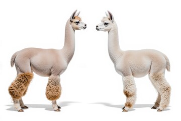 Fototapeta premium Elegant Alpacas: Two gracefully posed alpacas, known for their soft fleece, stand facing each other, their serene expressions reflecting the tranquility of their world.