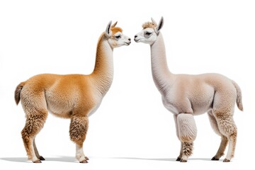 Gentle Alpaca Companions: Two alpacas stand facing each other, their soft fleece and long necks creating a tranquil scene of connection and harmony.