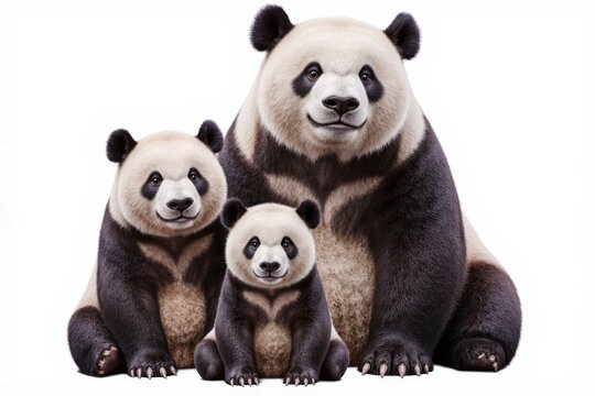 Giant Panda Family: A heartwarming depiction of a giant panda family, featuring a large parent and two cubs, embodies the essence of family and the beauty of wildlife.